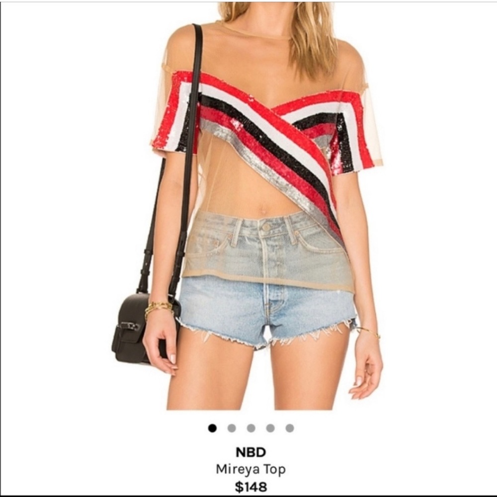 REVOLVE MIREYA TOP BY NBD CROPPED SHEER MATERIAL  MULTI-COLORED SEQUINS TOP XS